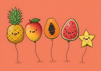 Cute tropical fruit balloons with happy faces on a vibrant background – Cartoon illustration