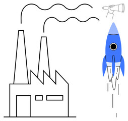 Factory with smoke-emitting chimneys beside a rocket in flight and a hand holding a telescope. Ideal for innovation, growth, entrepreneurship, sustainability, progress, vision, futuristic concepts