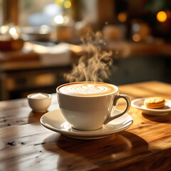 Hot cup of coffee. Coffee aroma. Morning coffee