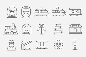 Linear icon set about rail transport: trains, tracks, station, tunnel, conductor, wagons and signals. Minimalist black stroke style, perfect for logistics, mobility, and public transportation projects