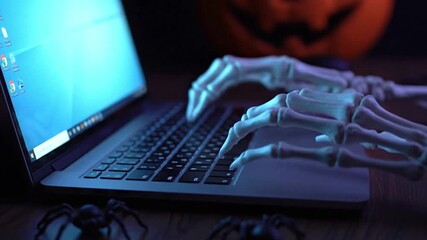 A skeleton hand uses a laptop with spiders and a pumpkin as decorations - Powered by Adobe