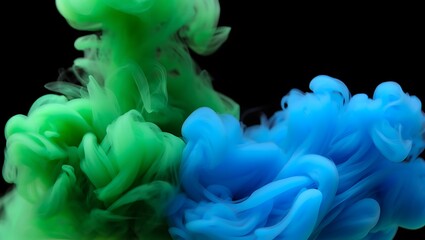 Fototapeta premium Abstract Green and Blue Smoke Swirls on Black Background