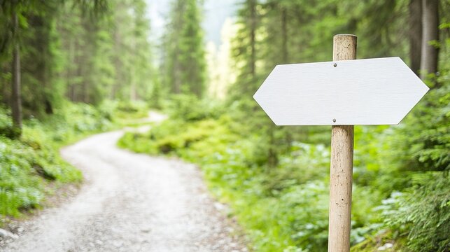 Blank Arrow Sign on Wooden Post Along Trail in Dense Green Forest