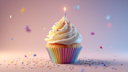 A single cupcake with vanilla frosting and rainbow sprinkles, topped with a lit candle, surrounded by falling confetti