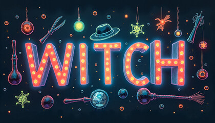 Witch-themed neon sign with magical elements on dark background
