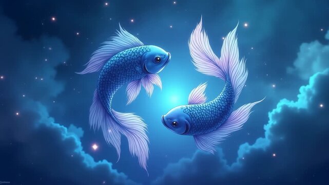 Celestial Pisces: Two Blue Fish Dance Among Stars and Clouds