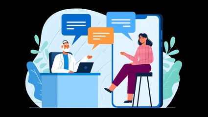 AI doctor bot working on laptop and talking to patient. Medical help of the future. Flat design illustration. Sick woman connects to teleconsultation with ai application.