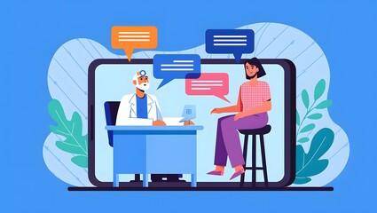 AI doctor bot working on laptop and talking to patient. Medical help of the future. Flat design illustration. Sick woman connects to teleconsultation with ai application.