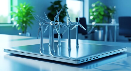Miniature wind turbines on a laptop promoting green energy solutions and sustainable technology in a modern office