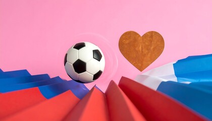 A soccer ball, a heart shape, and colorful paper create a vibrant and playful design.
