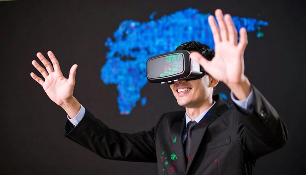 A person wearing virtual reality headset interacts with a digital world map, exhibiting excitement and immersion in a virtual environment. - Powered by Adobe