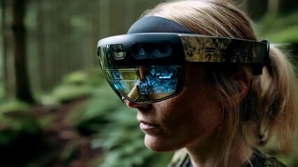 Medium shot focusing on an augmented reality headset worn by a user navigating a sustainable burial forest overlaying digital memorials on blurred natural surroundings and GPS - Powered by Adobe