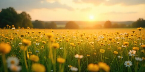 Naklejka premium Golden hour sunlight bathes a vast, idyllic summer field, wildflowers swaying gently in the breeze Perfect for summer, nature, and rural themes A tranquil and peaceful scene , farm, day