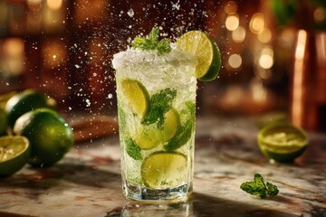 Refreshing Mojito cocktail with lime, mint, ice, with water splashing.