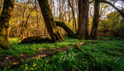 Sunlight streams through a lush forest floor, illuminating a carpet of wildflowers and mossy trees.