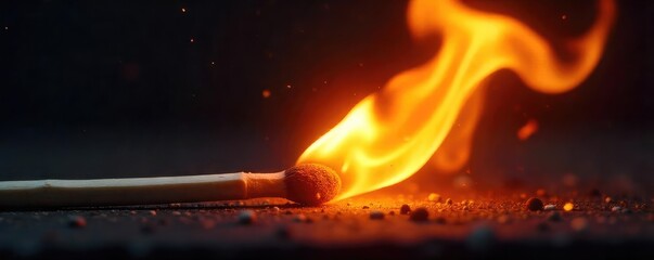 Intense flames engulf a lit match, creating a dramatic display of burning light Perfect for illustrating concepts of combustion, energy, or danger , abstract, dark