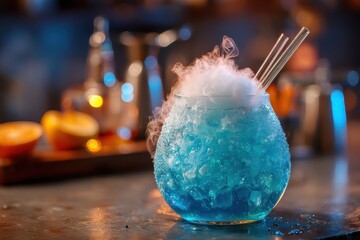 A captivating blue cocktail with dry ice smoke creating a mysterious aura at a bar.