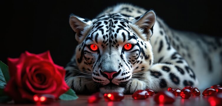 Snow leopard with glowing red eyes rests near red rose. High contrast image with black spots on white fur against black background. Majestic animal portrait, representing power, mystery, wild beauty.