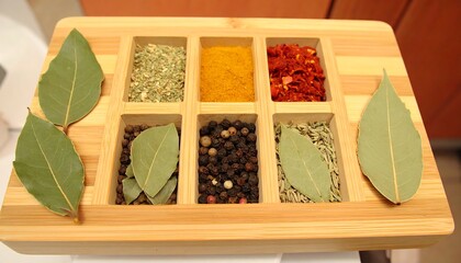 A wooden spice rack holds various dried spices and bay leaves in separate compartments.