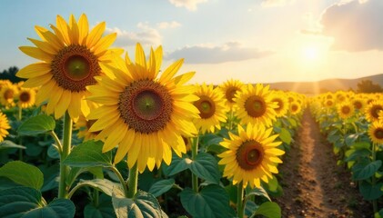 Fototapeta premium Sunflowers in Vibrant Field A Stunning Display of Natures Golden Abundance
