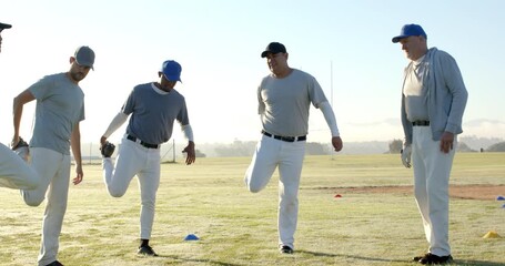 Responding to coach gesture, Diverse baseball team performing warm-up drill on outfield with cones - Powered by Adobe