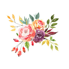 Watercolor autumn bouquet with berries and flowers isolated PNG, hand painted fall floral arrangement, botanical clipart with transparent background for seasonal decor, wedding, and packaging