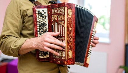 Close-up view of a person playing a vintage red accordion, showcasing intricate details and musical performance.