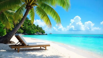 Obraz premium Relaxing on a secluded tropical island, surrounded by crystal-clear turquoise water and swaying palm trees, a comfortable deck chair awaits Perfect for a peaceful escape , rest, travel, green