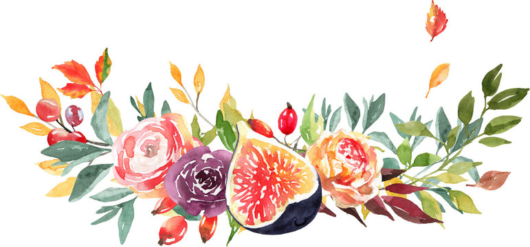 Hand painted watercolor bouquet of autumn flowers, figs and berries, isolated PNG, botanical floral clipart with transparent background, rustic seasonal composition for home decor, stationery, and pac
