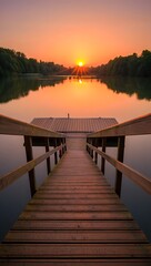 Fototapeta premium Serene Sunrise Over a Calm Lake with a Wooden Pier