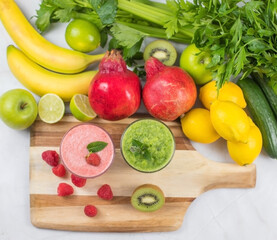 Top View of Red Berry and Green Kiwi Smoothies with Fresh Fruits