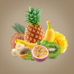 collection of exotic fruits on a brown background