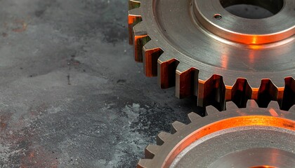 Close-up of two interlocking gears against a textured dark gray surface, highlighting the intricate details and metallic sheen of the components.
