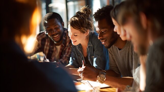 Happy diverse young adults collaborating and discussing in a modern casual workspace with warm lighting.
