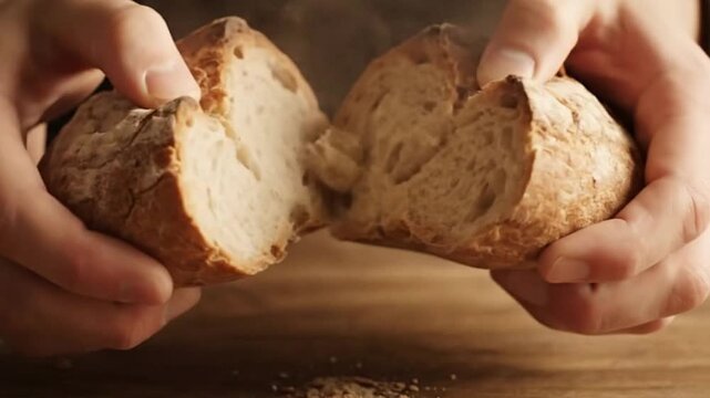 Hands pull apart a rustic loaf of bread on a wooden surface creating crumbs