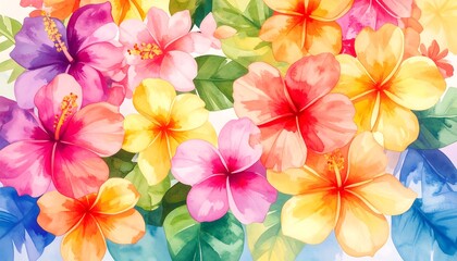 Vibrant floral design featuring a profusion of hibiscus flowers in a watercolor style, showcasing a range of bright, cheerful colors.
