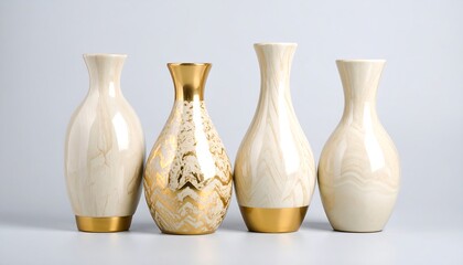 Elegant cream-colored vases with gold accents stand in a simple, sophisticated arrangement against a neutral background.