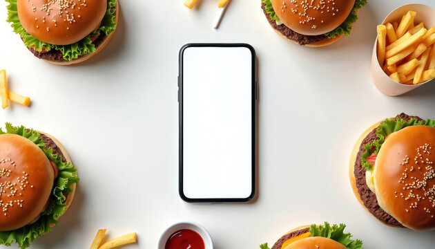 Smartphone with blank screen surrounded by hamburgers and french fries, conceptualizing fast food ordering via mobile app. Modern digital service for convenient snack purchase and meal delivery.