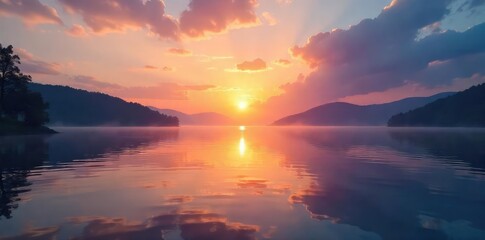 Fototapeta premium Serene sunrise over a tranquil lake reflecting the peaceful sky, embodying spiritual calm and inner peace , zen, spiritual