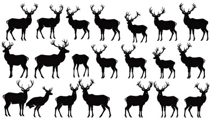 A repeating pattern of black deer silhouettes against a white background, showcasing various poses and antler shapes.