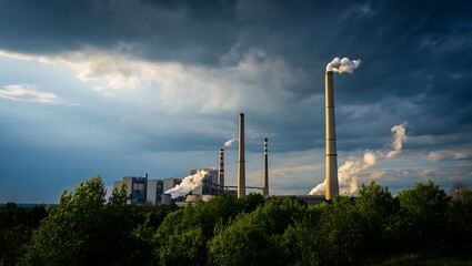 Obraz premium Industrial power plant emitting smoke into a dramatic sky