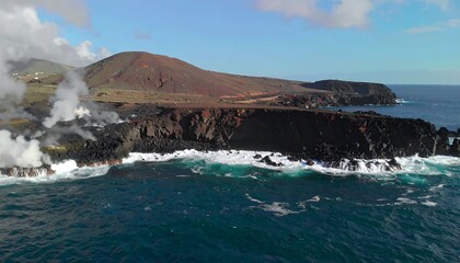 Volcanic activity meets the ocean, showcasing a dramatic coastal landscape with steam rising from lava flows.