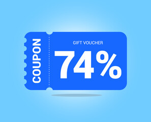 74% coupon promotion sale. Seventy four percent Vector Gift Voucher. Blue discount, lucky ticket, special offer promo. Web, shopping label, percent sign. Special price offers.