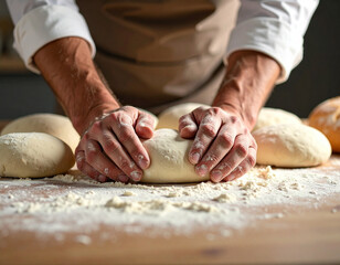 Fototapeta premium Skilled Hands Kneading Dough, Artisan Baker at Work