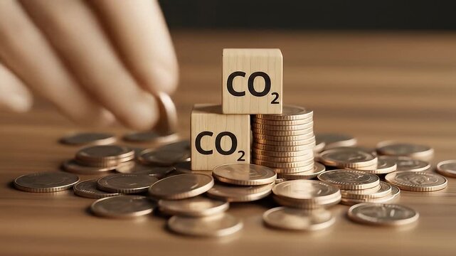 Hand Placing CO2 Block On Stacked Coins Demonstrating Environmental Financial Concepts Against Brown Wooden Background