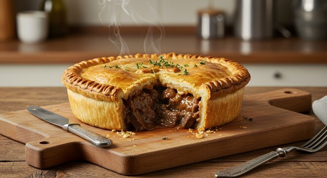 "Torta di carne e birra inglese con pur&egrave; di patate e salsa gravy"