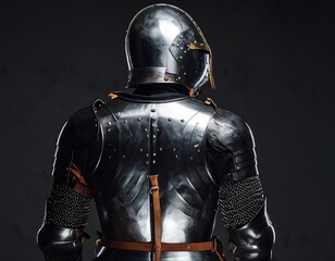 Medieval warrior in full plate armor, rear view