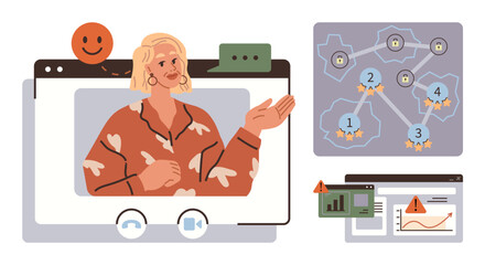 Woman presenting during a virtual meeting, network diagram with connected points, and performance charts. Ideal for remote work, online training, virtual communication, teamwork, data analysis