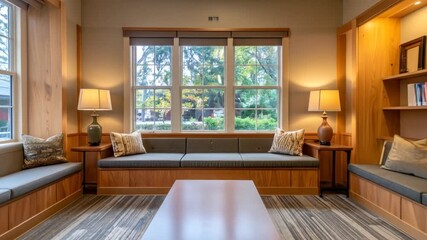 Inviting Interior Space Featuring Built In Seating Gray Cushions and Warm Wood Tones Bookshelves and Comfortable Pillows Under Natural Light - Powered by Adobe