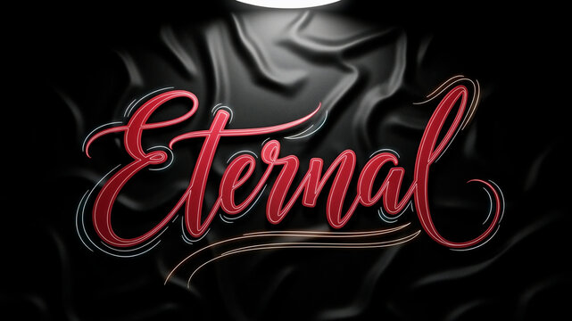 "Eternal" text on black silk background in bold red script